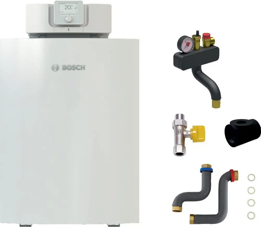 Bosch Gas-Brennwertgerät in Weiß mit digitalem Display und mehreren Anschlussstücken, einschließlich Ventilen und Rohren für die Heizungsinstallation.